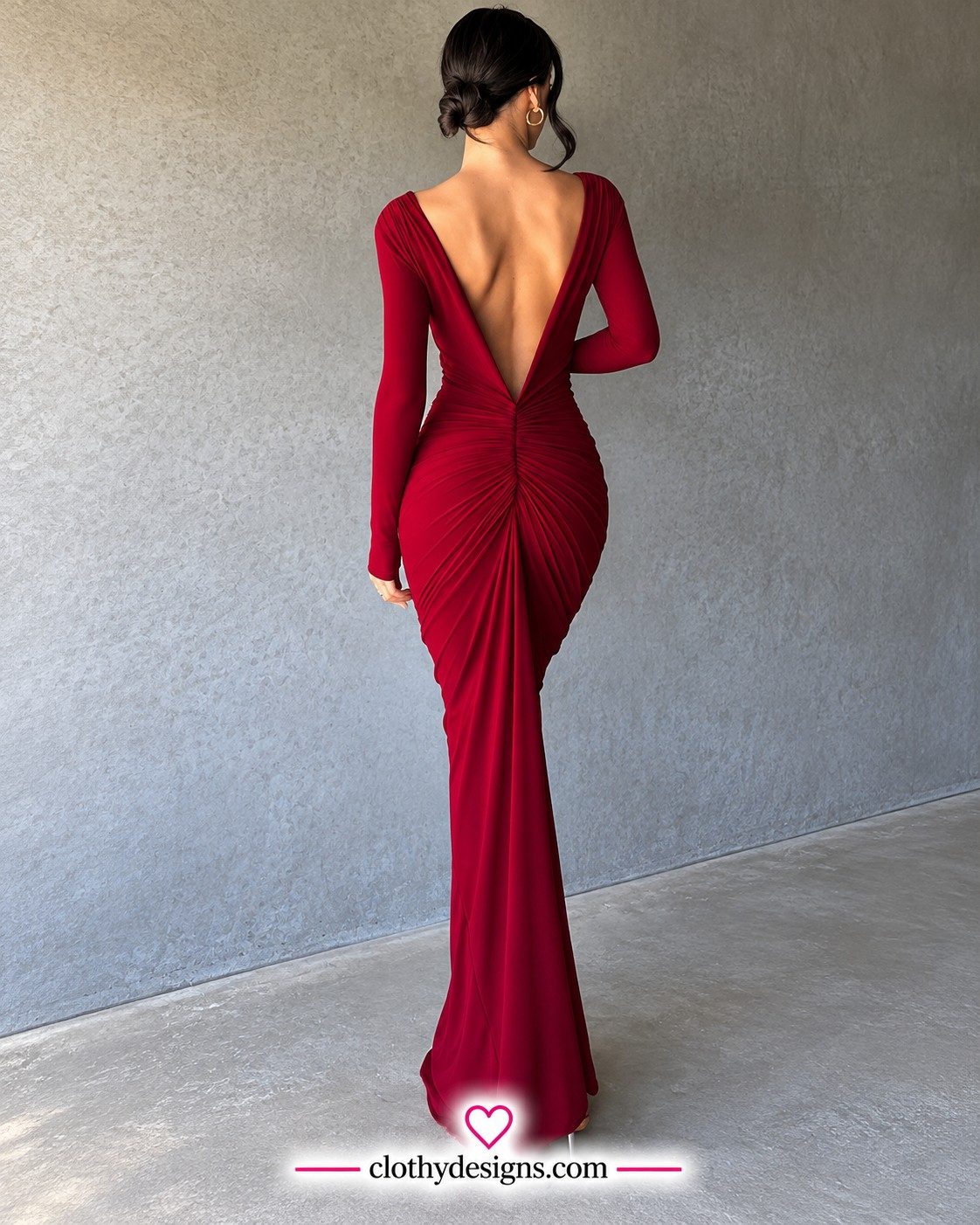 Women’s Ruched Deep V-Neck Maxi Dress – Elegant Long Sleeve Knit Party Gown